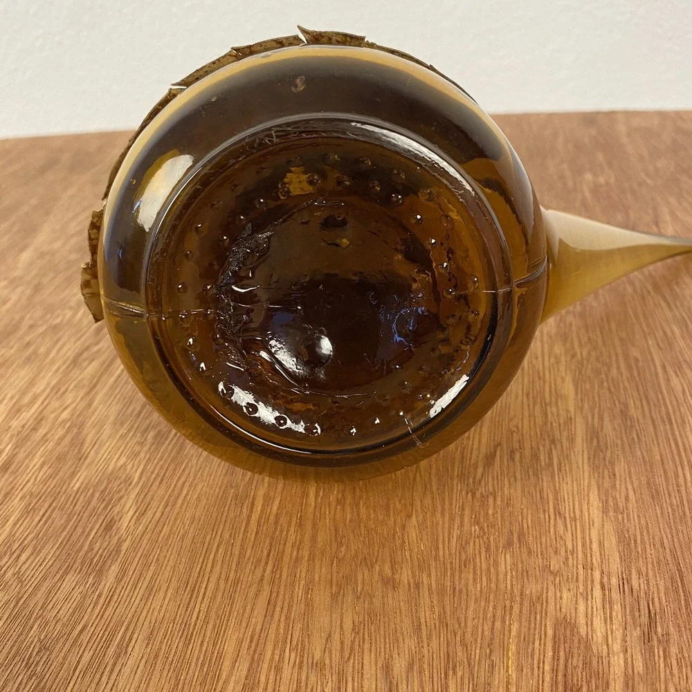 Vintage Spanish Amber Glass Porron Wine Decanter Leather Wrapped Recuerdo Espana